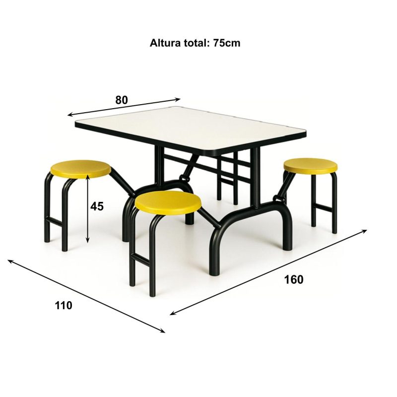 Mesa para Refeitório ESCAMOTEÁVEL 04 Lugares MDP Branco de 25 mm - Assento AMARELO - 50403 Mesa para Refeitório ESCAMOTEÁVEL 04 Lugares MDP Branco de 25 mm - Assento AMARELO - 50403
