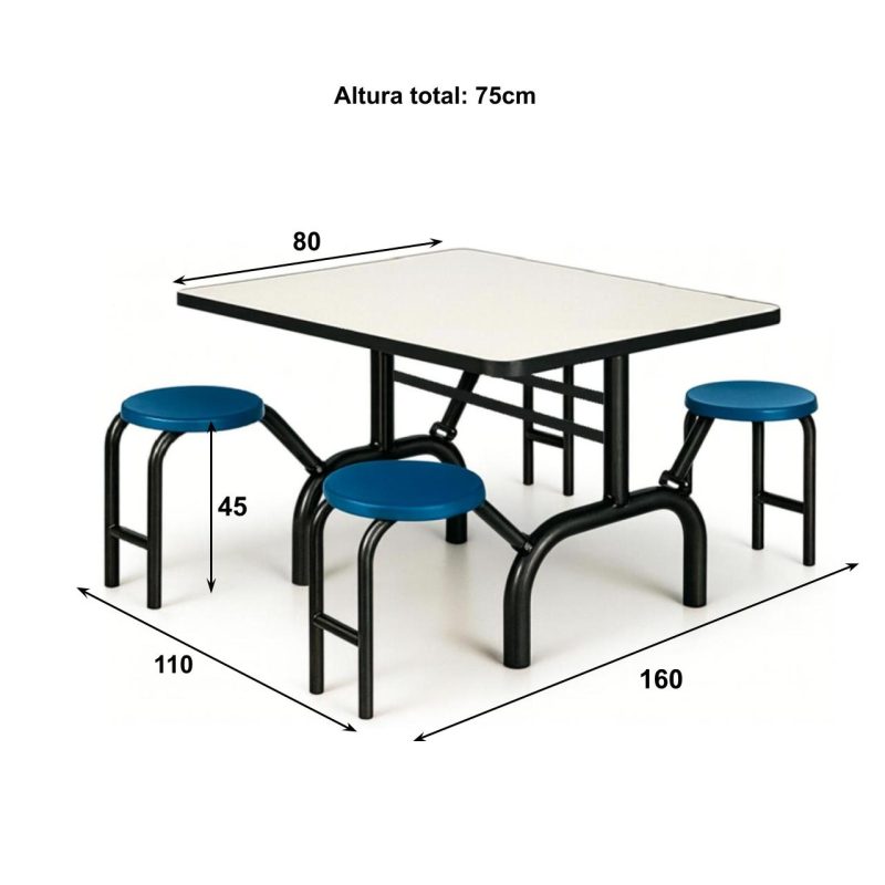Mesa para Refeitório ESCAMOTEÁVEL 04 Lugares MDP Branco de 25 mm - Assento AZUL - 50404 Mesa para Refeitório ESCAMOTEÁVEL 04 Lugares MDP Branco de 25 mm - Assento AZUL - 50404