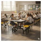 Mesa para Refeitório ESCAMOTEÁVEL 06 Lugares MDP Branco de 25 mm - Assento AMARELO - 50602