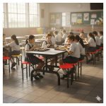 Mesa para Refeitório ESCAMOTEÁVEL 06 Lugares MDP Branco de 25 mm - Assento VERMELHO - 50602