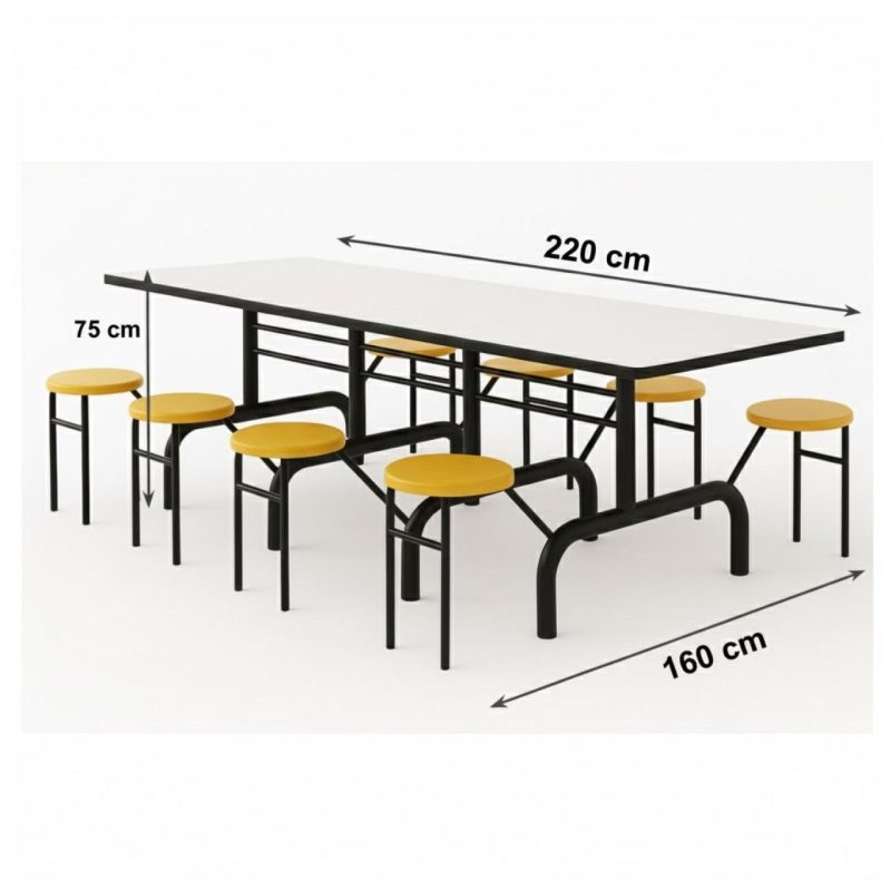 Mesa para Refeitório ESCAMOTEÁVEL 08 Lugares MDP Branco de 25 mm - Assento AMARELO - 50802