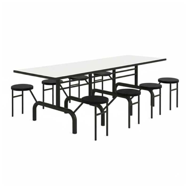 Mesa para Refeitório ESCAMOTEÁVEL 08 Lugares MDP Branco de 25 mm - Assento PRETO - 50804