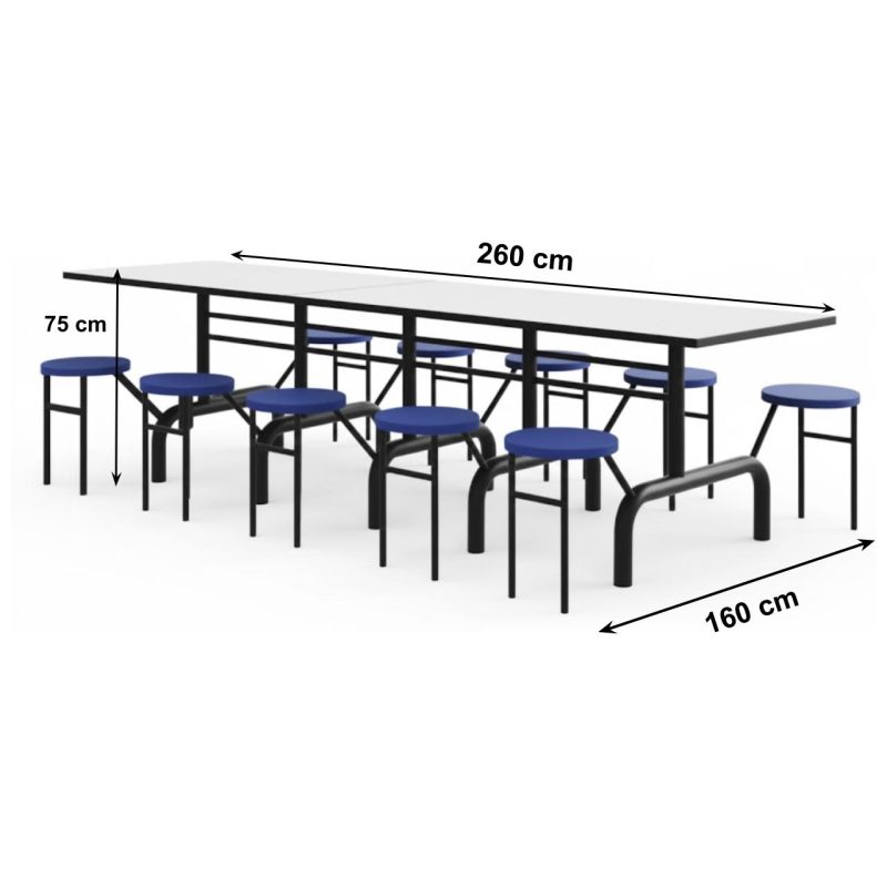 Mesa para Refeitório ESCAMOTEÁVEL 10 Lugares MDP Branco de 25 mm - Assento AZUL - 50901