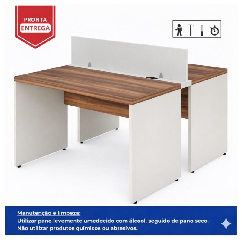 Móveis de Madeira Estação de Trabalho Dupla 1,50×1,35m 02 Lugares sem Gavetas c/  tomadas PÉ PAINEL - Nogal Sevilha/Champanhe - 34450