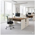 Móveis de Madeira Estação de Trabalho Dupla 1,50×1,35m 02 Lugares c/ Gavetas c/ ponto de tomada PÉ PAINEL - Nogal Sevilha/Branco - 34451