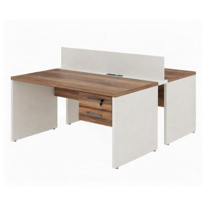 Estação de Trabalho Dupla 1,50×1,35m 02 Lugares c/ Gavetas c/ ponto de tomada PÉ PAINEL - Nogal Sevilha/Branco - 34451