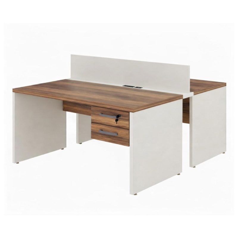 Móveis de Madeira Estação de Trabalho Dupla 1,50×1,35m 02 Lugares c/ Gavetas c/ ponto de tomada PÉ PAINEL - Nogal Sevilha/Branco - 34451