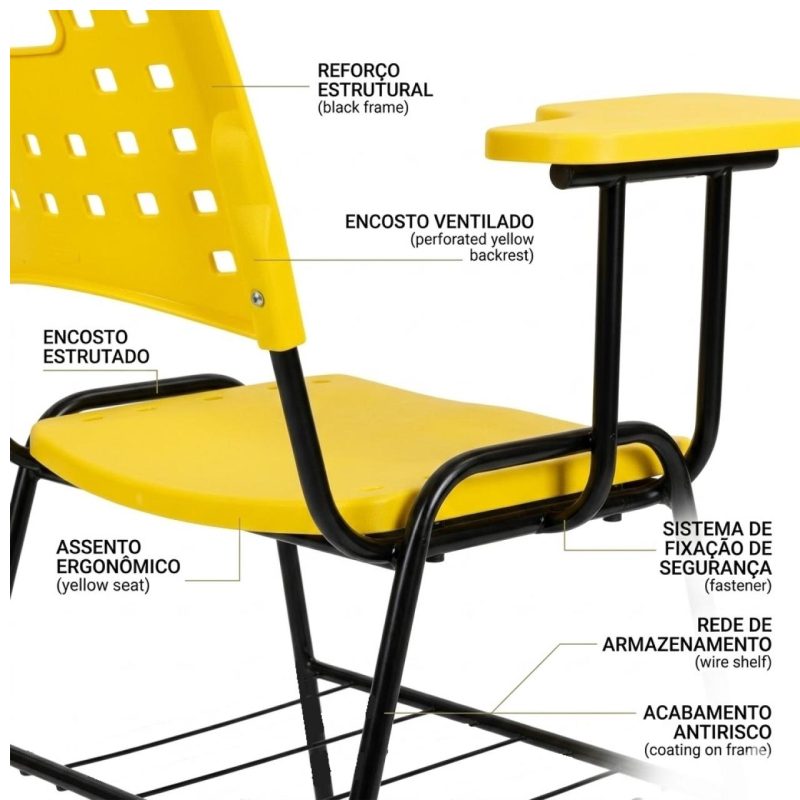Cadeira Plástica Universitária PRANCHETA PLÁSTICA com Porta Livros - Cor Amarela - 32021