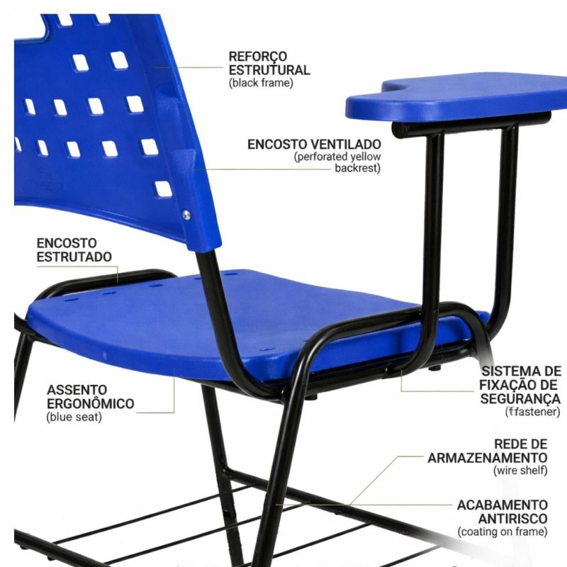 Cadeira Plástica Universitária PRANCHETA PLÁSTICA com Porta Livros - Cor Azul - 32019