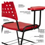 Cadeira Plástica Universitária PRANCHETA PLÁSTICA com Porta Livros - Cor Vermelho - 32020