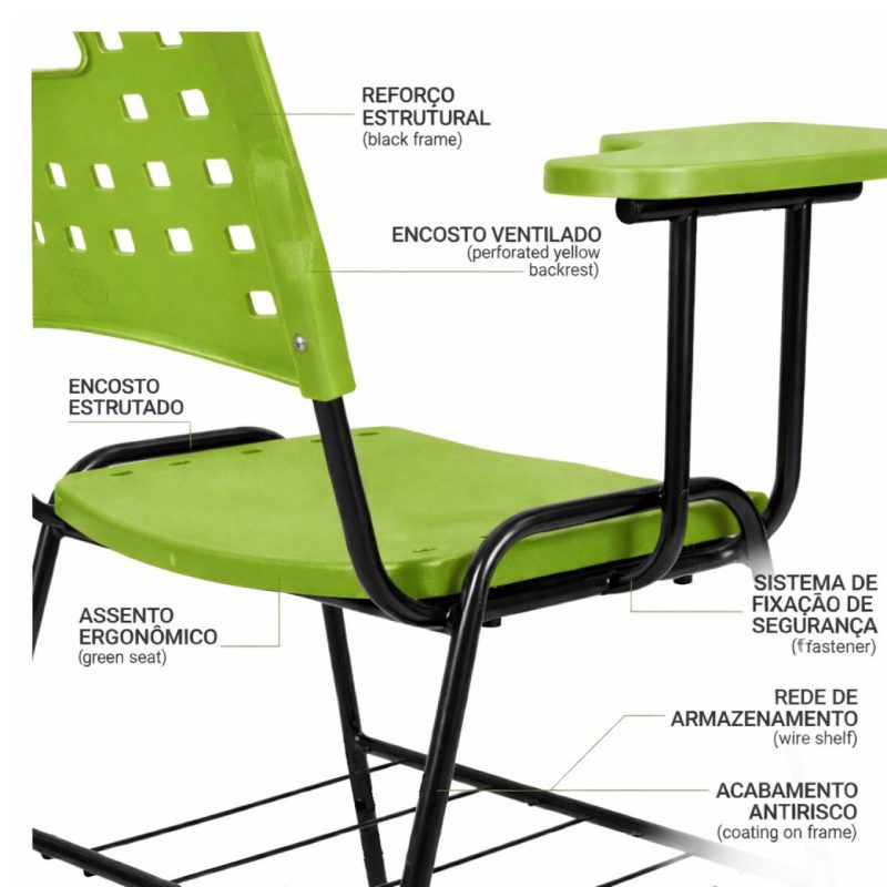 Cadeira Universitária PRANCHETA PLASTICA com Porta Livros - Cor Verde - REALPLAST - 32023