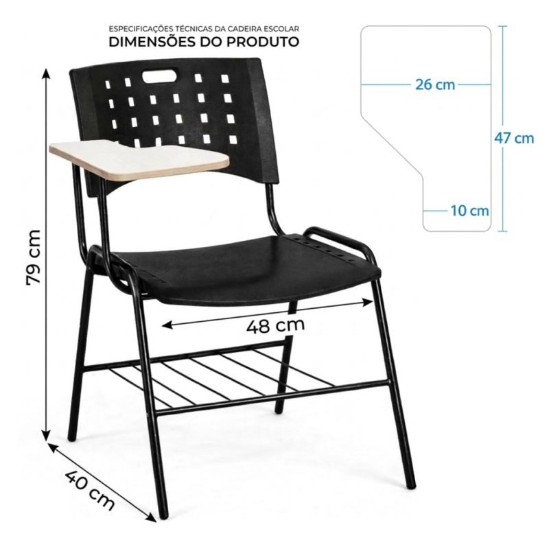 Cadeira Universitária Plástica com PRANCHETA de MDF - Cor Preto - 32001
