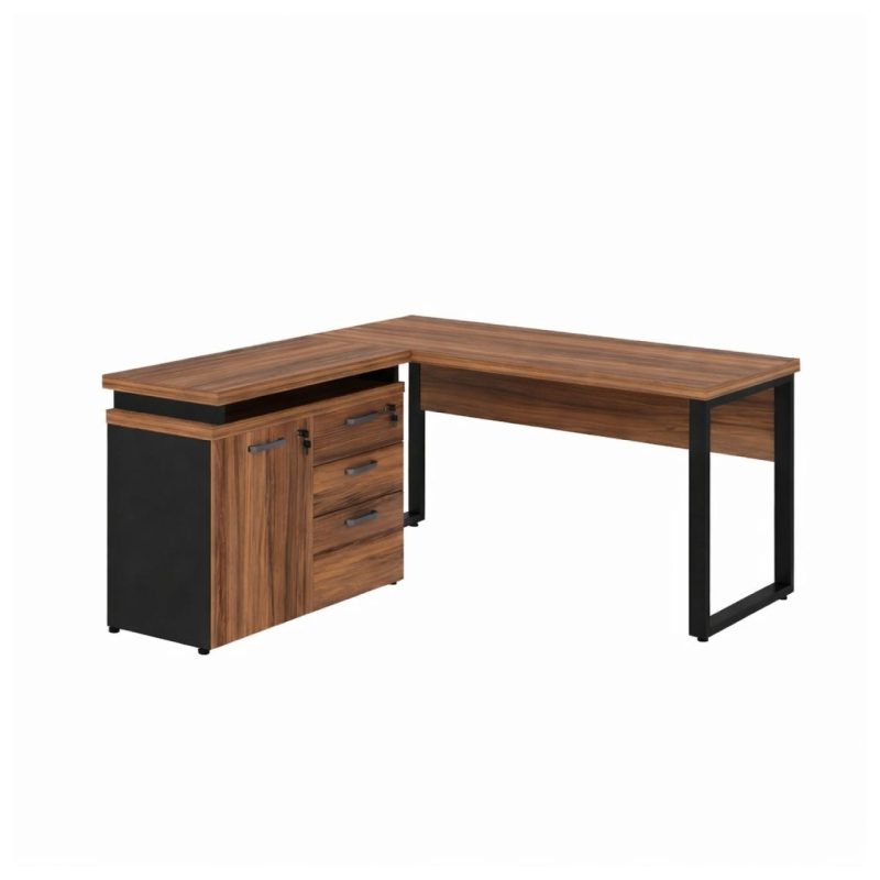 Móveis de Madeira Mesa Escritório em "L" - 1,50x1,50m (Extensível) - com Armário Misto (03 Gav.) - Nogal / Preto - 21603