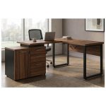 Móveis de Madeira Mesa Escritório em "L" - 1,70x1,50m (Extensível) - com Armário Misto (03 Gav.) - Nogal / Preto - 31603