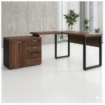 Móveis de Madeira Mesa Escritório em "L" - 1,50x1,50m (Extensível) - com Armário Misto (03 Gav.) - Nogal / Preto - 21603