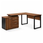 Móveis de Madeira Mesa Escritório em "L" - 1,50x1,50m (Extensível) - com Armário Misto (03 Gav.) - Nogal / Preto - 21603