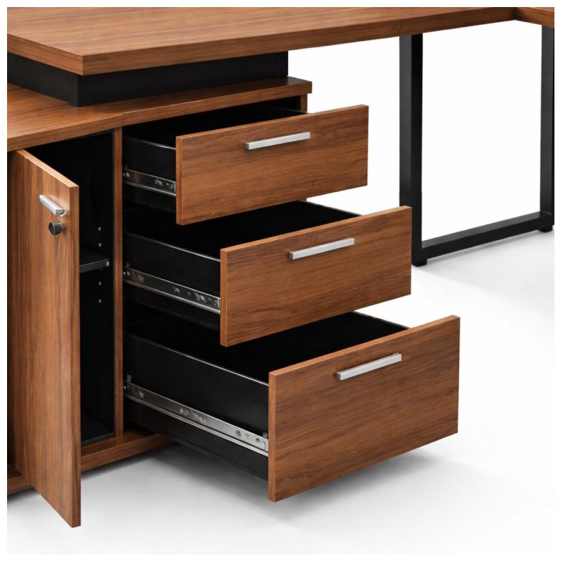 Móveis de Madeira Mesa Escritório em "L" - 1,70x1,50m (Extensível) - com Armário Misto (03 Gav.) - Nogal / Preto - 31603