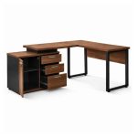Móveis de Madeira Mesa Escritório em "L" - 1,50x1,50m (Extensível) - com Armário Misto (03 Gav.) - Nogal / Preto - 21603