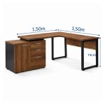 Móveis de Madeira Mesa Escritório em "L" - 1,50x1,50m (Extensível) - com Armário Misto (03 Gav.) - Nogal / Preto - 21603