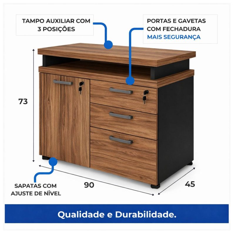 Móveis de Madeira Mesa Escritório em "L" - 1,70x1,50m (Extensível) - com Armário Misto (03 Gav.) - Nogal / Preto - 31603