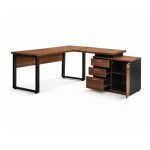 Móveis de Madeira Mesa Escritório em "L" - 1,70x1,50m (Extensível) - com Armário Misto (03 Gav.) - Nogal / Preto - 31603