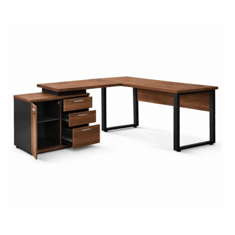 Móveis de Madeira Mesa Escritório em "L" - 1,70x1,50m (Extensível) - com Armário Misto (03 Gav.) - Nogal / Preto - 31603