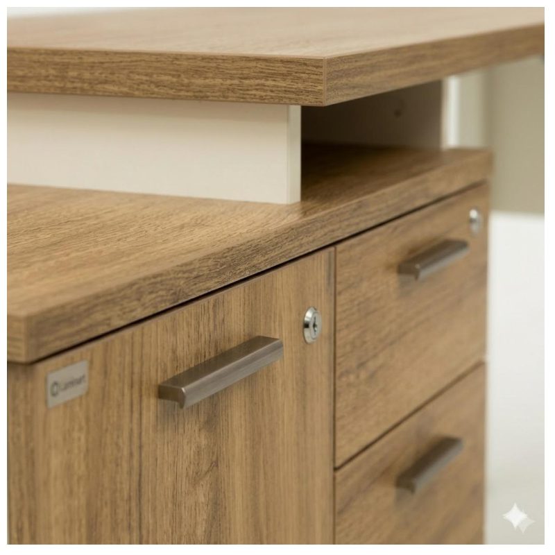 Móveis para Escritório Mesa Escritório em "L" - 1,50x1,50m (Extensível) - com Armário Misto (03 Gav.) - Sevilha / Champanhe - 34603