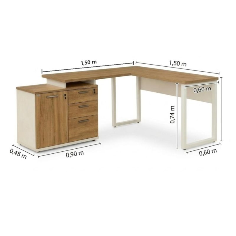 Móveis para Escritório Mesa Escritório em "L" - 1,50x1,50m (Extensível) - com Armário Misto (03 Gav.) - Sevilha / Champanhe - 34603