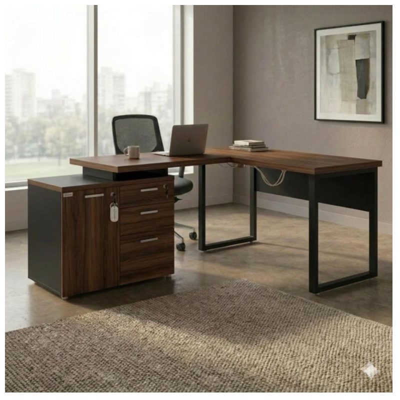 Móveis para Escritório Mesa Escritório em "L" - 1,50x1,50m (Extensível) - com Armário Misto (03 Gav.) - Louro / Preto - 64603