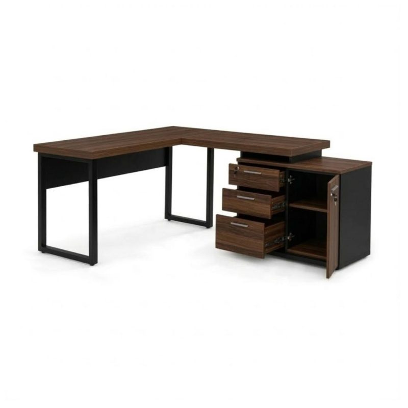 Móveis para Escritório Mesa Escritório em "L" - 1,70x1,50m (Extensível) - com Armário Misto (03 Gav.) - Louro / Preto - 64604