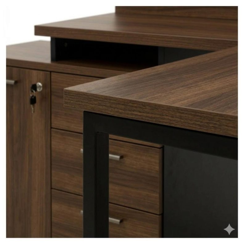 Móveis para Escritório Mesa Escritório em "L" - 1,50x1,50m (Extensível) - com Armário Misto (03 Gav.) - Louro / Preto - 64603