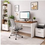 Móveis para Escritório Mesa de Escritório Executiva Reta - 1,50m x 0,60m (Tampo 40mm) - Nogal Sevilha / Champanhe - 34306