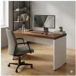 Móveis para Escritório Mesa de Escritório Executiva Reta - 1,50m x 0,60m (Tampo 40mm) - Nogal Sevilha / Champanhe - 34306