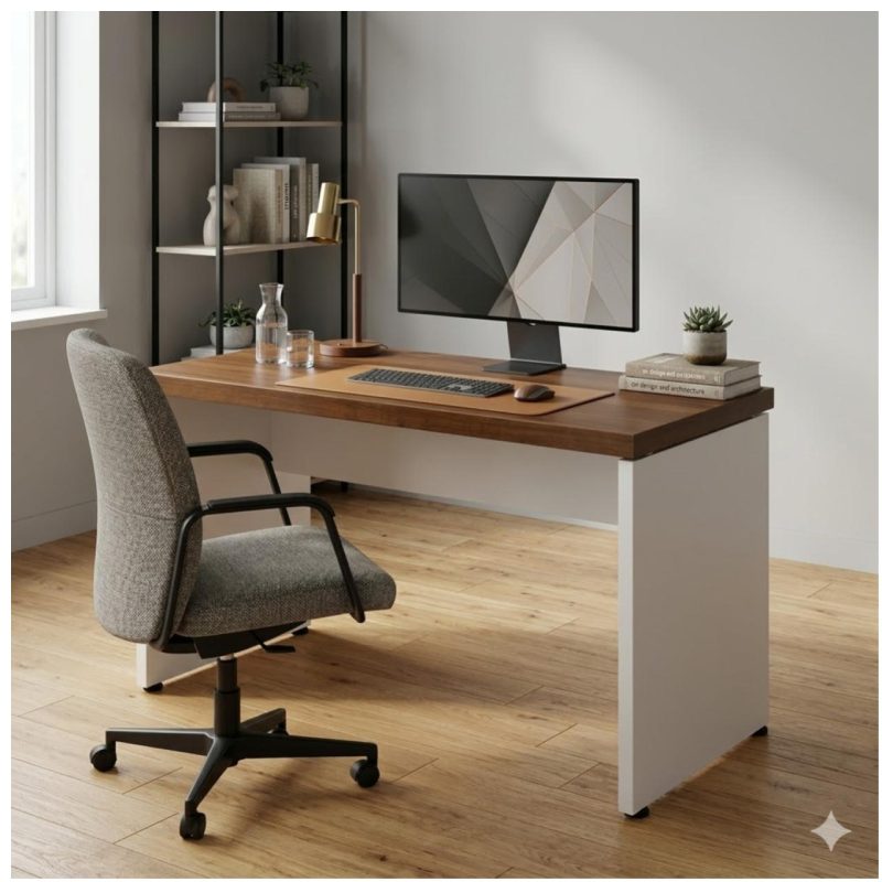 Móveis para Escritório Mesa de Escritório Executiva Reta - 1,50m x 0,60m (Tampo 40mm) - Nogal Sevilha / Champanhe - 34306