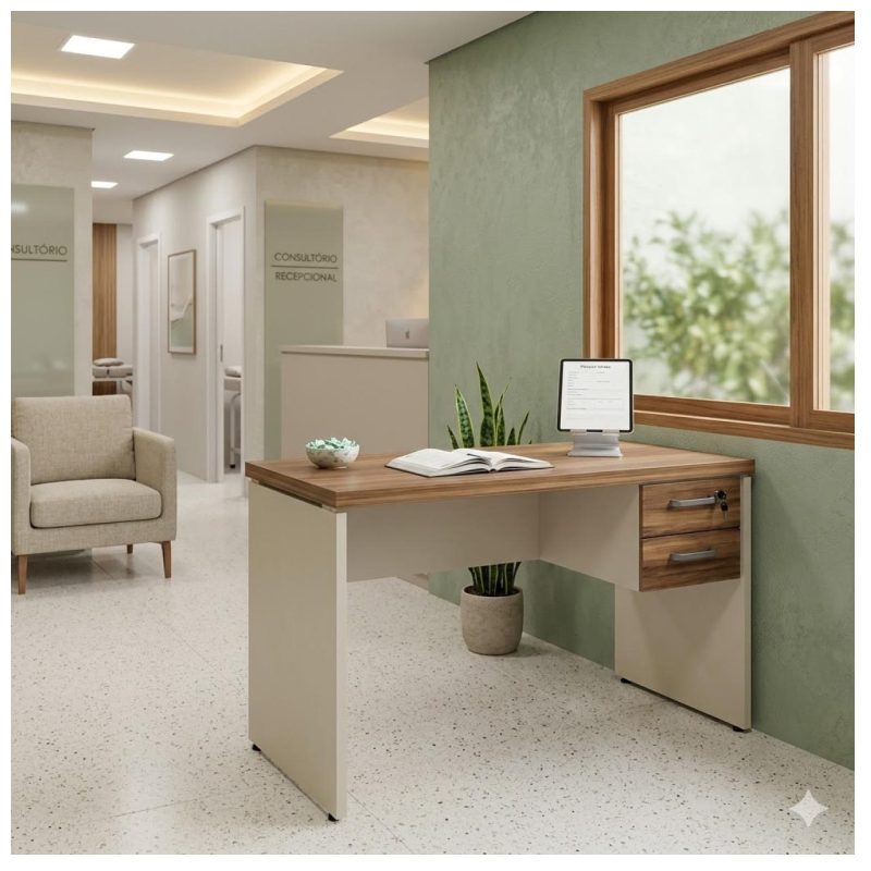 Móveis para Escritório Mesa de Escritório Executiva Reta com Gavetas - 1,50m x 0,60m (Tampo 40mm) - Nogal Sevilha / Champanhe - 34318