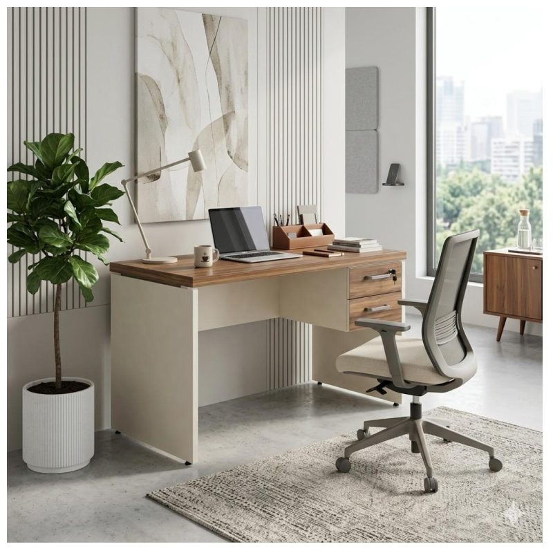 Móveis para Escritório Mesa de Escritório Executiva Reta com Gavetas - 1,50m x 0,60m (Tampo 40mm) - Nogal Sevilha / Champanhe - 34318