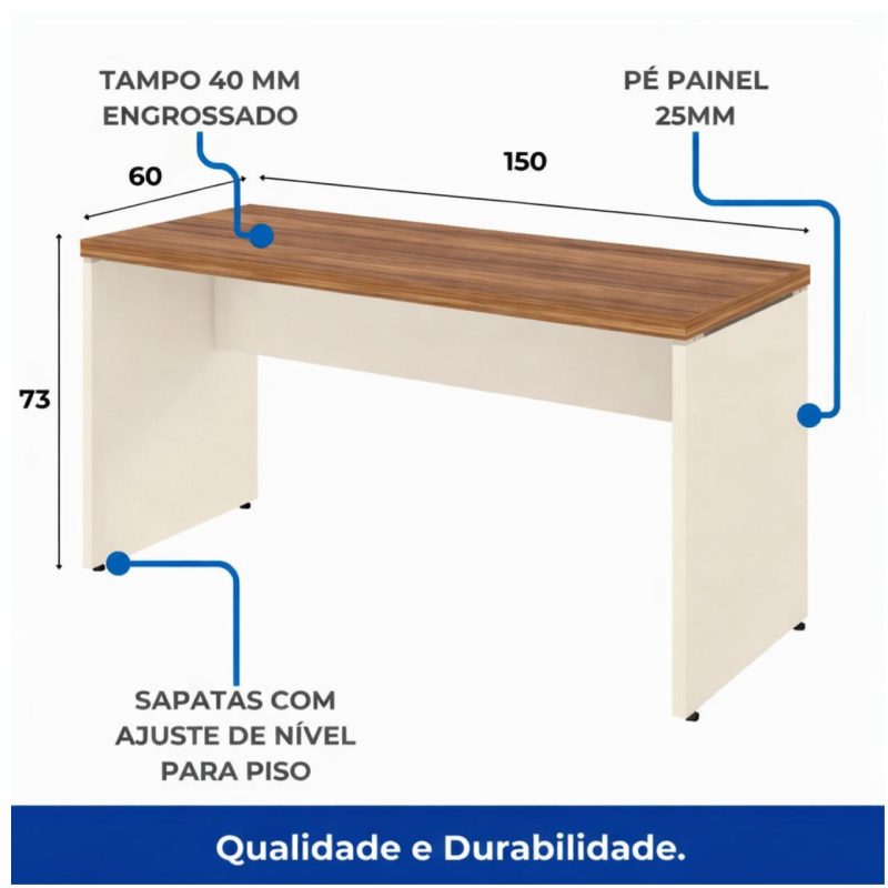 Móveis para Escritório Mesa de Escritório Executiva Reta com Gavetas - 1,50m x 0,60m (Tampo 40mm) - Nogal Sevilha / Champanhe - 34318