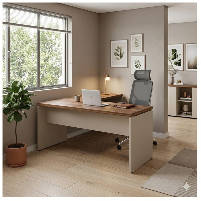 Móveis para Escritório Mesa em L (Mesa 1,50m + Mesa Auxiliar) - C/ Gavetas - (Tampo 40mm) - Nogal Sevilha / Champanhe - 34324