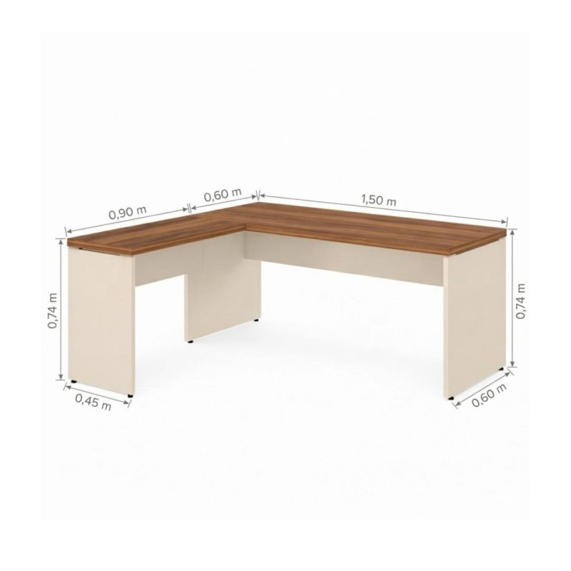 Móveis para Escritório Mesa em L (Mesa 1,50m + Mesa Auxiliar) - C/ Gavetas - (Tampo 40mm) - Nogal Sevilha / Champanhe - 34324