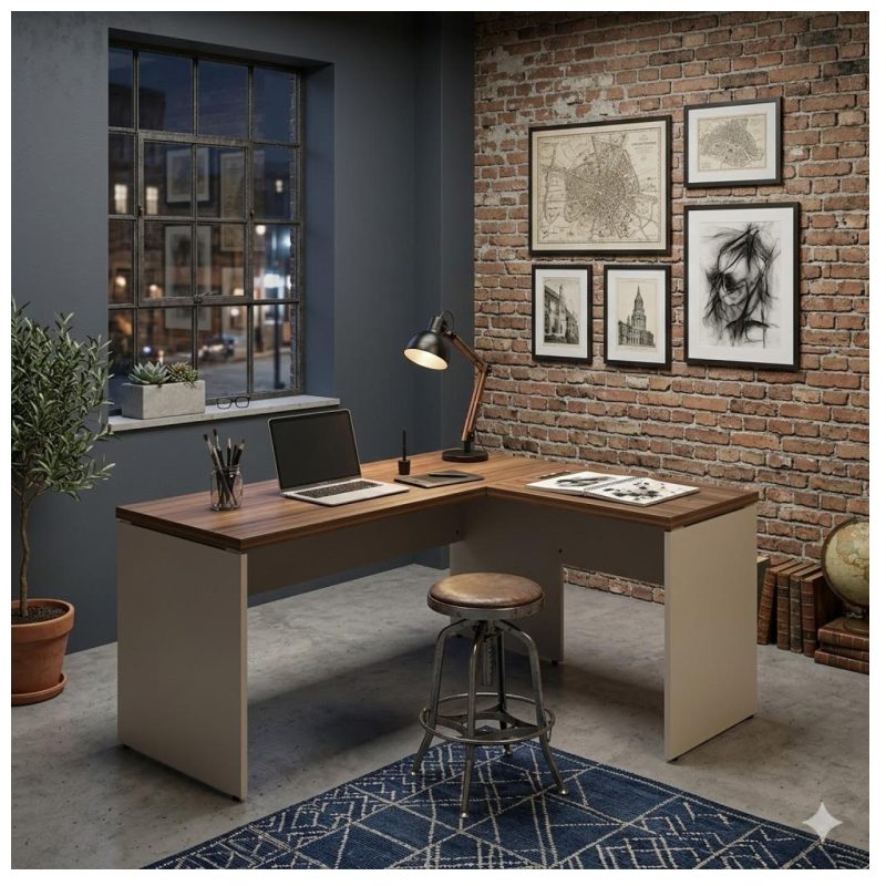 Móveis para Escritório Mesa em L (Mesa 1,50m + Mesa Auxiliar) - S/ Gavetas - (Tampo 40mm) - Nogal Sevilha / Champanhe - 34323