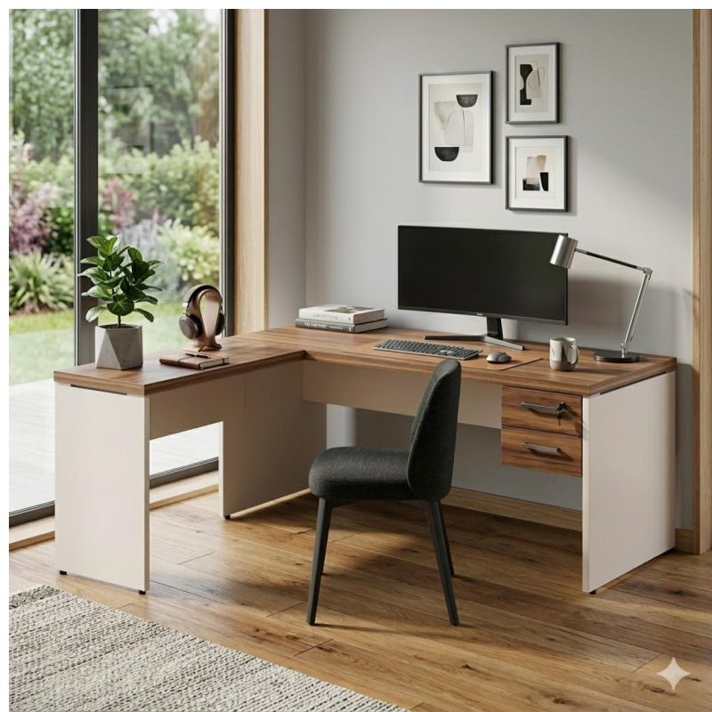 Móveis para Escritório Mesa em L (Mesa 1,70m + Mesa Auxiliar) - C/ Gavetas - (Tampo 40mm) - Nogal Sevilha / Champanhe - 34326