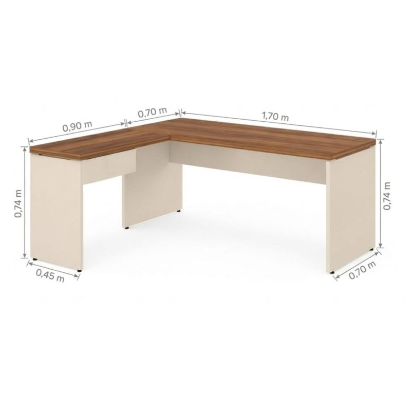 Móveis para Escritório Mesa em L (Mesa 1,70m + Mesa Auxiliar) - S/ Gavetas - (Tampo 40mm) - Nogal Sevilha / Champanhe - 34325