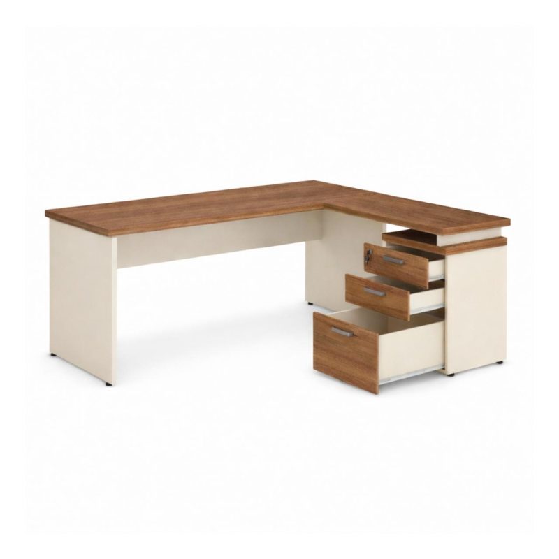 Móveis para Escritório Mesa Escritório em "L" c/ Gavetão na Auxiliar 1,50x1,50m - (Tampo 40mm) - Nogal Sevilha / Champanhe – 34327