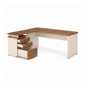 Mesa Escritório em "L" c/ Gavetão na Auxiliar 1,50x1,50m - (Tampo 40mm) - Nogal Sevilha / Champanhe – 34327