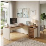 Móveis para Escritório Mesa Escritório em "L" c/ Gavetão na Auxiliar 1,50x1,50m - (Tampo 40mm) - Nogal Sevilha / Champanhe – 34327