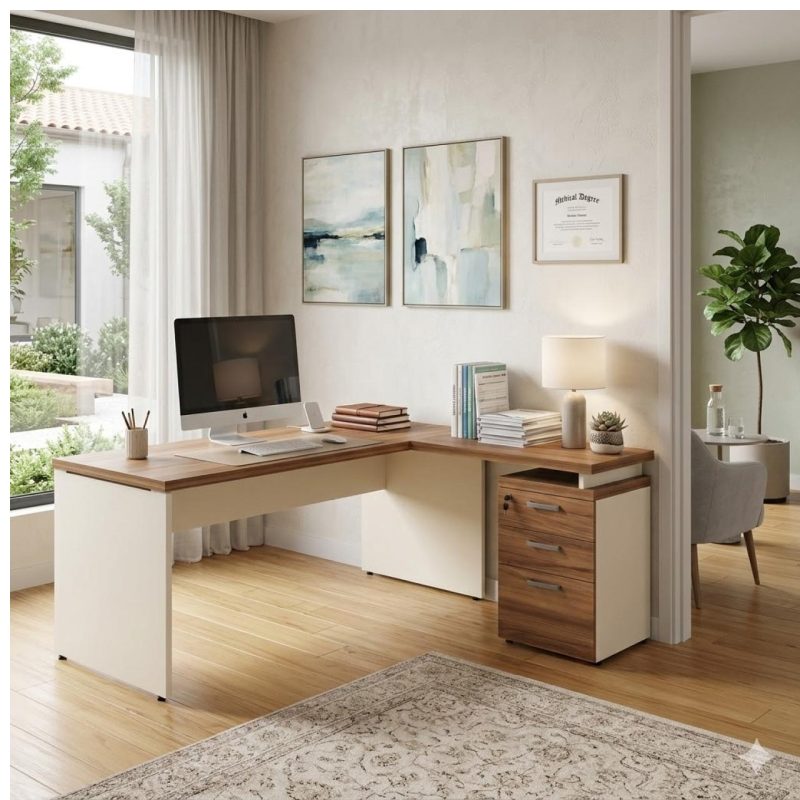 Móveis para Escritório Mesa Escritório em "L" c/ Gavetão na Auxiliar 1,50x1,50m - (Tampo 40mm) - Nogal Sevilha / Champanhe – 34327