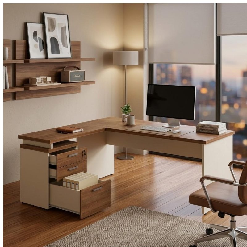 Móveis para Escritório Mesa Escritório em "L" c/ Gavetão na Auxiliar 1,50x1,50m - (Tampo 40mm) - Nogal Sevilha / Champanhe – 34327