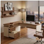 Móveis para Escritório Mesa Escritório em "L" c/ Gavetão na Auxiliar 1,70x1,60m - (Tampo 40mm) - Nogal Sevilha / Champanhe – 34328