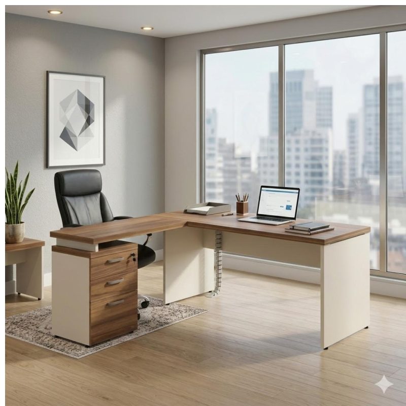 Móveis para Escritório Mesa Escritório em "L" c/ Gavetão na Auxiliar 1,50x1,50m - (Tampo 40mm) - Nogal Sevilha / Champanhe – 34327