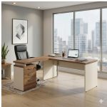 Móveis para Escritório Mesa Escritório em "L" c/ Gavetão na Auxiliar 1,70x1,60m - (Tampo 40mm) - Nogal Sevilha / Champanhe – 34328